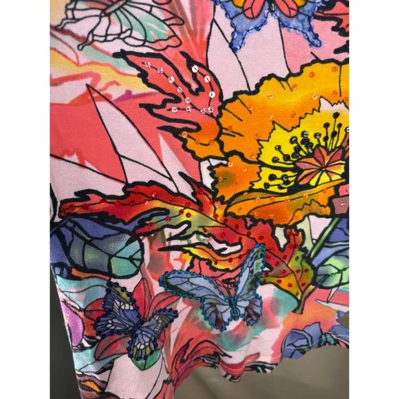 Y2K Take Two Clothing Co Embellished Floral Butterfly Top XL Colorful Beaded Tee - Picture 3 of 7